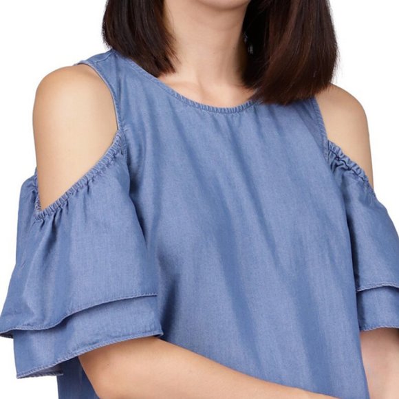 Michael Kors Womens Cold Shoulder Ruffled Keyhole Button Back Top Size XS Blue - Picture 5 of 10